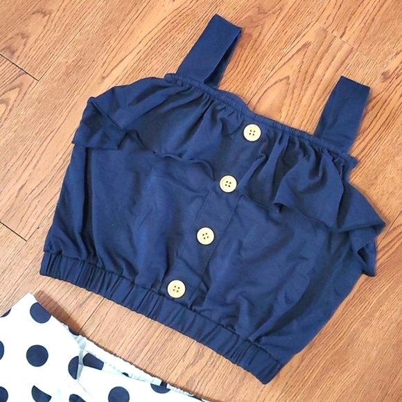 NWOT Rare Editions Solid Knit Navy Top Polka Dot Shorts Nautical Beach Set Sz 7 - Picture 4 of 17